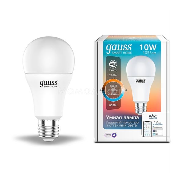 Смарт-лампа Gauss 1080112 мощностью 10W из серии Smart Home. Типоразмер — A60 с цоколем E27, температура цвета — 2700K-6500K