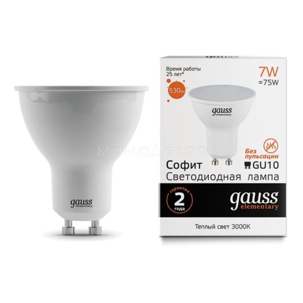Лампа світлодіодна Gauss 13617 потужністю 7W з серії Elementary. Типорозмір — MR16 з цоколем GU10, температура кольору — 3000K