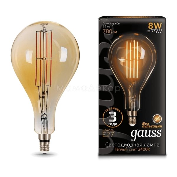 Лампа світлодіодна Gauss 149802008 потужністю 8W. Типорозмір — A160 з цоколем E27, температура кольору — 2400K