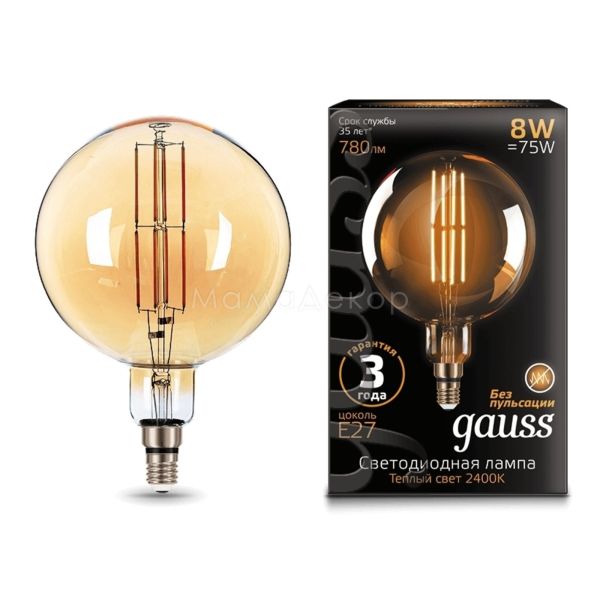 Лампа светодиодная Gauss 153802008 мощностью 8W. Типоразмер — G200 с цоколем E27, температура цвета — 2400K
