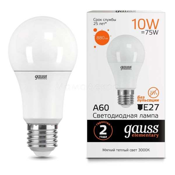 Лампа світлодіодна Gauss 23210 потужністю 10W з серії Elementary. Типорозмір — A60 з цоколем E27, температура кольору — 3000K