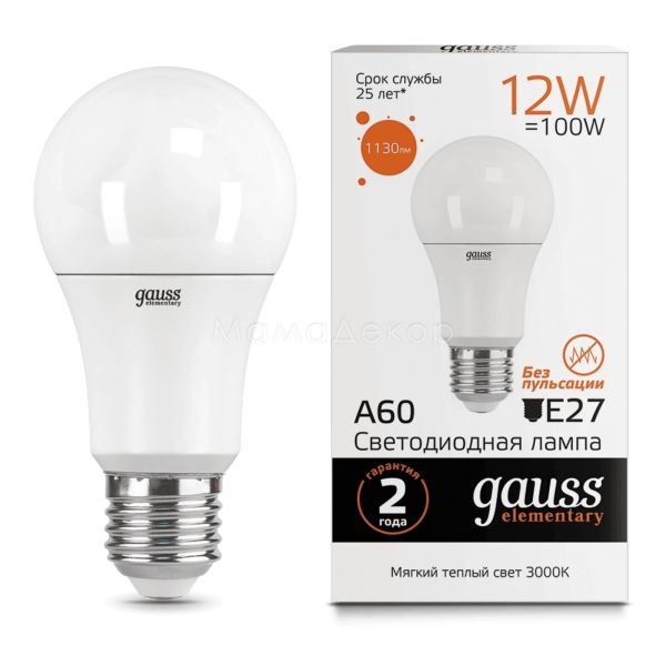 Лампа світлодіодна Gauss 23212 потужністю 12W з серії Elementary. Типорозмір — A60 з цоколем E27, температура кольору — 3000K