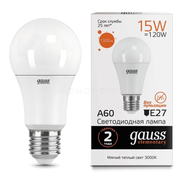 Лампа світлодіодна Gauss 23215 потужністю 15W з серії Elementary. Типорозмір — A60 з цоколем E27, температура кольору — 3000K