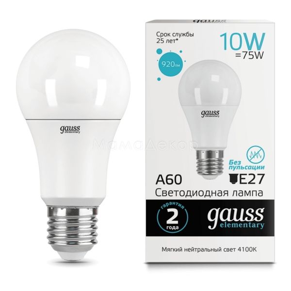 Лампа світлодіодна Gauss 23220 потужністю 10W з серії Elementary. Типорозмір — A60 з цоколем E27, температура кольору — 4100K