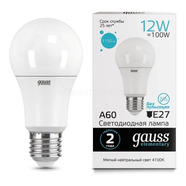 Лампа світлодіодна Gauss 23222 потужністю 12W з серії Elementary. Типорозмір — A60 з цоколем E27, температура кольору — 4100K