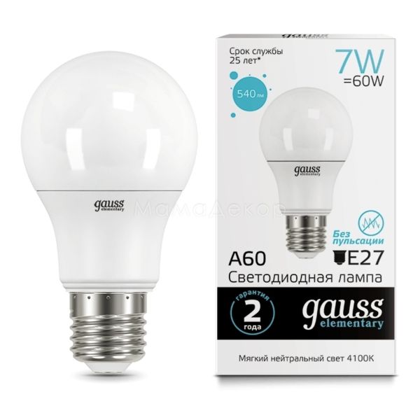 Лампа светодиодная Gauss 23227A мощностью 7W из серии Elementary. Типоразмер — A60 с цоколем E27, температура цвета — 4100K