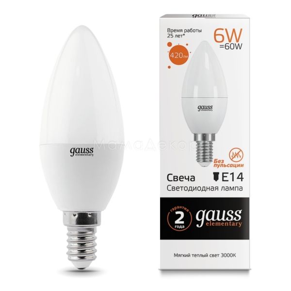 Лампа светодиодная Gauss 33116 мощностью 6W из серии Elementary. Типоразмер — C37 с цоколем E14, температура цвета — 3000K