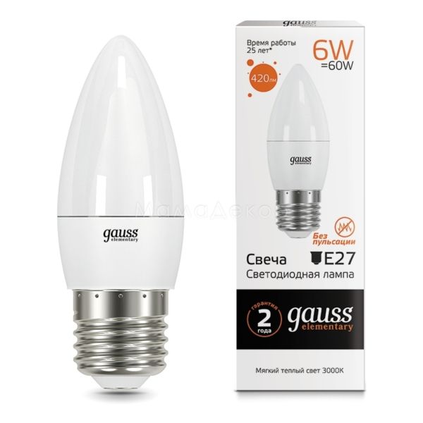 Лампа светодиодная Gauss 33216 мощностью 6W из серии Elementary. Типоразмер — C37 с цоколем E27, температура цвета — 3000K
