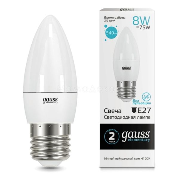 Лампа светодиодная Gauss 33228 мощностью 8W из серии Elementary. Типоразмер — C37 с цоколем E27, температура цвета — 4100K
