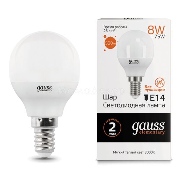 Лампа світлодіодна Gauss 53118 потужністю 8W з серії Elementary. Типорозмір — P45 з цоколем E14, температура кольору — 3000K