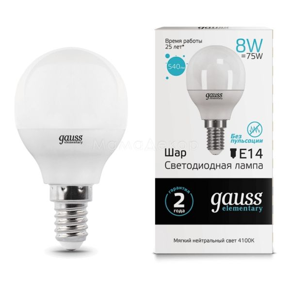 Лампа светодиодная Gauss 53128 мощностью 8W из серии Elementary. Типоразмер — P45 с цоколем E14, температура цвета — 4100K