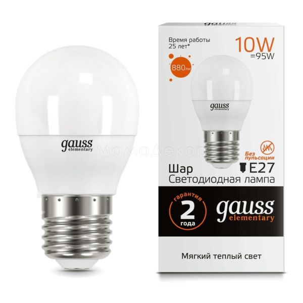 Лампа світлодіодна Gauss 53210 потужністю 10W з серії Elementary. Типорозмір — G45 з цоколем E27, температура кольору — 3000K