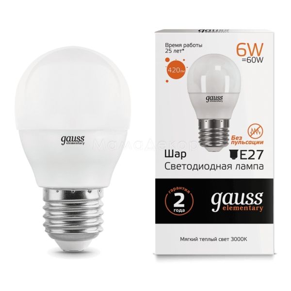 Лампа світлодіодна Gauss 53216 потужністю 6W з серії Elementary. Типорозмір — G45 з цоколем E27, температура кольору — 3000K