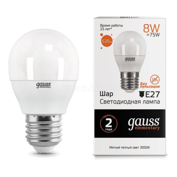 Лампа светодиодная Gauss 53218 мощностью 8W из серии Elementary. Типоразмер — G45 с цоколем E27, температура цвета — 3000K