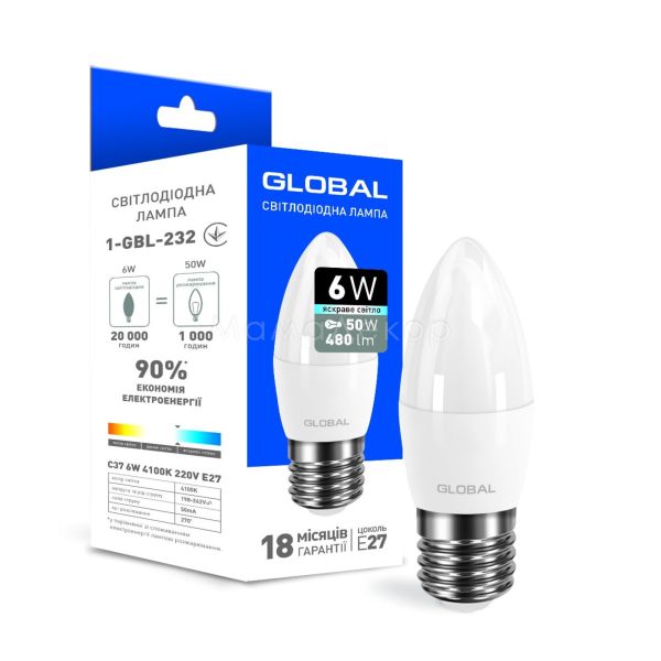 Лампа світлодіодна Global 1-GBL-232 потужністю 6W. Типорозмір — C37 з цоколем E27, температура кольору — 4100K