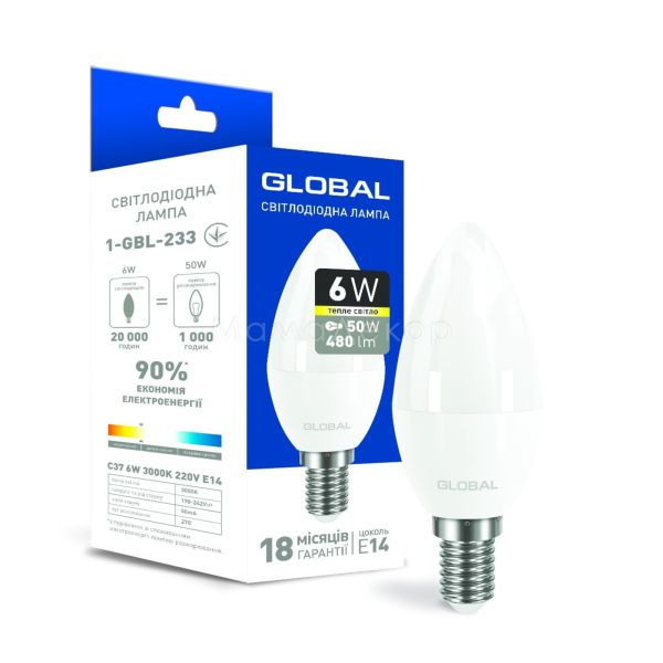 Лампа світлодіодна Global 1-GBL-233 потужністю 6W. Типорозмір — C37 з цоколем E14, температура кольору — 3000K