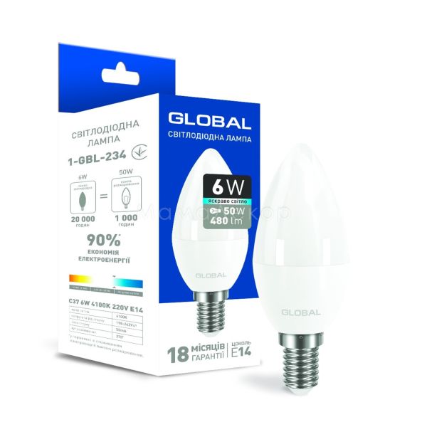 Лампа світлодіодна Global 1-GBL-234 потужністю 6W. Типорозмір — C37 з цоколем E14, температура кольору — 4100K