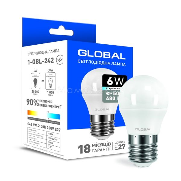 Лампа світлодіодна Global 1-GBL-242 потужністю 6W. Типорозмір — G45 з цоколем E27, температура кольору — 4100K