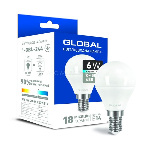 Лампа світлодіодна Global 1-GBL-244 потужністю 6W. Типорозмір — G45 з цоколем E14, температура кольору — 4100K