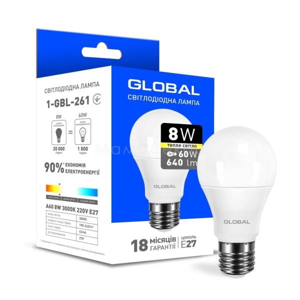 Лампа світлодіодна Global 1-GBL-261 потужністю 8W. Типорозмір — A60 з цоколем E27, температура кольору — 3000K
