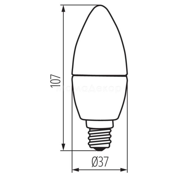 Размеры товара Kanlux 23430 мощностью 6.5W. Типоразмер — C37 с цоколем E14, температура цвета — 3000K, габариты