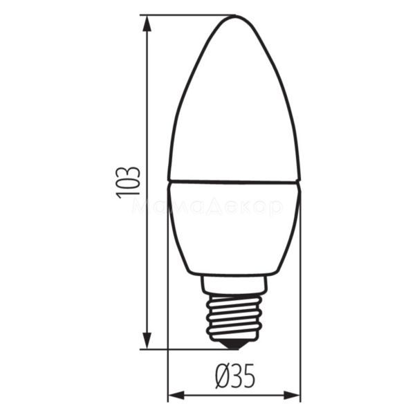 Розміри товару Kanlux 23433 потужністю 4.5W з серії Dun. Типорозмір — C35 з цоколем E14, температура кольору — 4000K, габарити