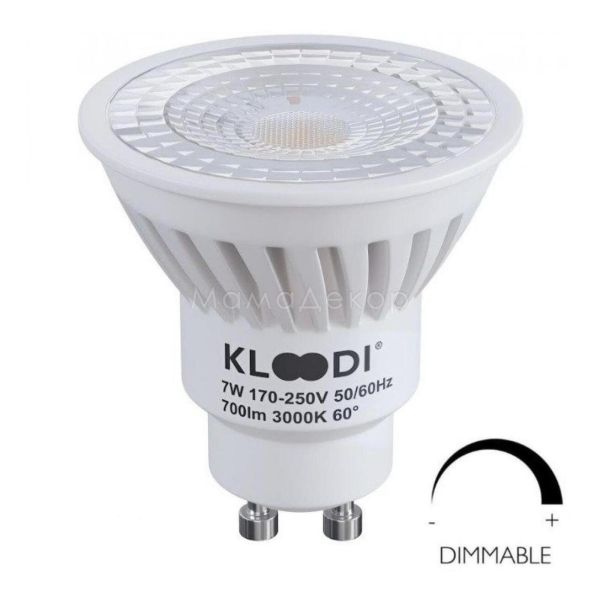Лампа светодиодная  диммируемая Kloodi KDGU10-7WSMD 3K 60D DIM мощностью 7W. Типоразмер — MR16 с цоколем GU10, температура цвета — 3000K