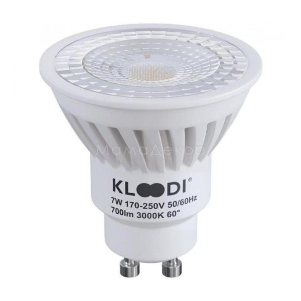 Лампа світлодіодна Kloodi KDGU10-7WSMD 3K 60D потужністю 7W. Типорозмір — MR16 з цоколем GU10, температура кольору — 3000K