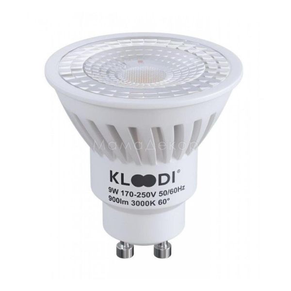 Лампа світлодіодна Kloodi KDGU10-9WSMD 3K 60D потужністю 9W. Типорозмір — MR16 з цоколем GU10, температура кольору — 3000K