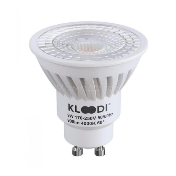 Лампа світлодіодна Kloodi KDGU10-9WSMD 4K 60D потужністю 9W. Типорозмір — MR16 з цоколем GU10, температура кольору — 4000K