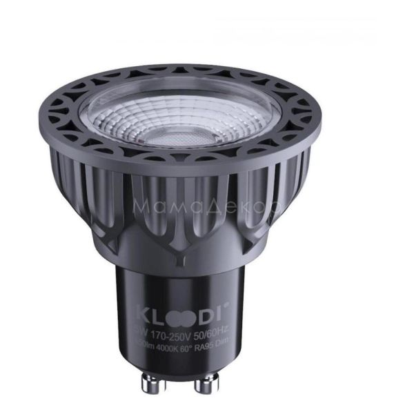 Лампа світлодіодна  сумісна з димером Kloodi KDGU10-QL 5WCOB 4K 60D BK DIM потужністю 5W. Типорозмір — MR16 з цоколем GU10, температура кольору — 4000K