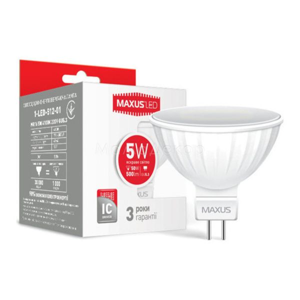 Лампа светодиодная Maxus 1-LED-512-01 мощностью 5W. Типоразмер — MR16 с цоколем GU5.3, температура цвета — 4100K