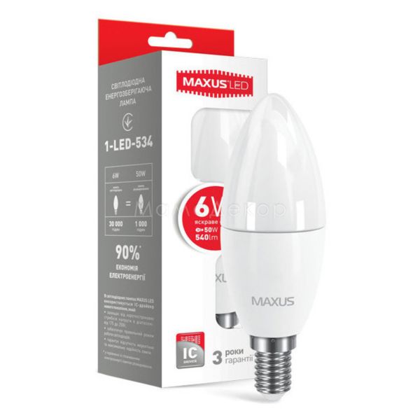 Лампа світлодіодна Maxus 1-LED-534-02 потужністю 6W. Типорозмір — C37 з цоколем E14, температура кольору — 4100K