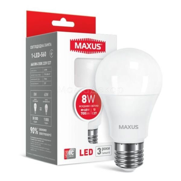 Лампа світлодіодна Maxus 1-LED-560 потужністю 8W. Типорозмір — A60 з цоколем E27, температура кольору — 4100K