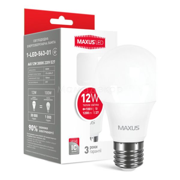 Лампа светодиодная Maxus 1-LED-563-01 мощностью 12W. Типоразмер — A65 с цоколем E27, температура цвета — 3000K