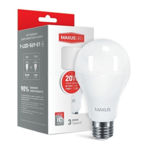Лампа светодиодная Maxus 1-LED-569-01 мощностью 20W. Типоразмер — A80 с цоколем E27, температура цвета — 3000K