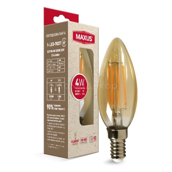 Лампа светодиодная Maxus 1-LED-7037 мощностью 4W из серии Filament Amber. Типоразмер — C37 с цоколем E14, температура цвета — 2200K