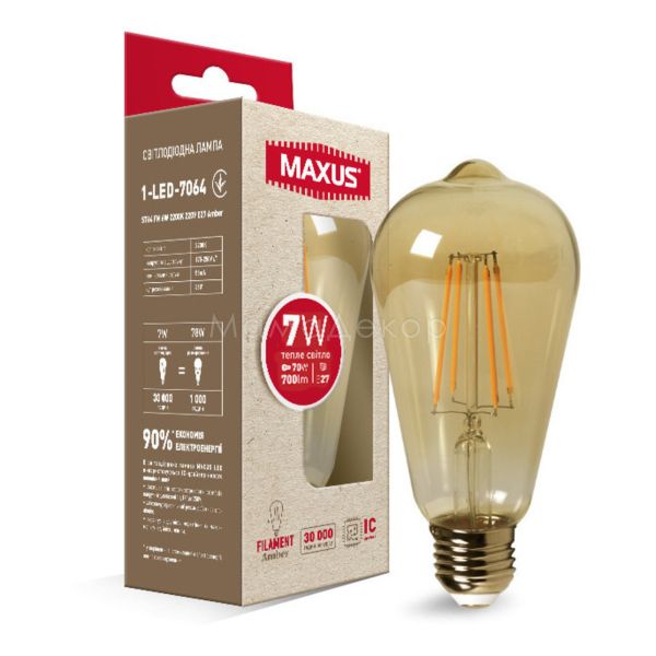 Лампа світлодіодна Maxus 1-LED-7064 потужністю 7W. Типорозмір — ST64 з цоколем E27, температура кольору — 2200K