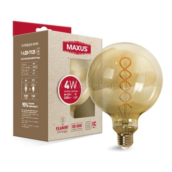 Лампа світлодіодна Maxus 1-LED-7125 потужністю 4W з серії Filament Vintage. Типорозмір — G125 з цоколем E27, температура кольору — 2200K