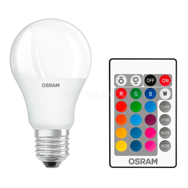 Лампа світлодіодна Osram 4058075045675 потужністю 9W з серії LED Star. Типорозмір — A60 з цоколем E27, температура кольору — 2700K+RGB