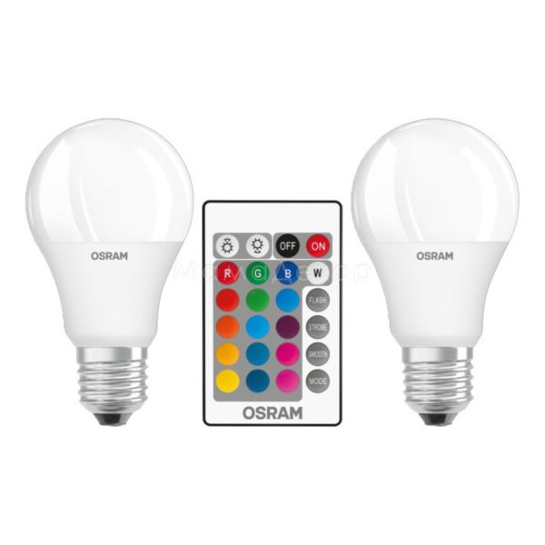 Лампа світлодіодна Osram 4058075091733 потужністю 9W з серії LED Star. Типорозмір — A60 з цоколем E27, температура кольору — 2700K+RGB. У наборі 2шт.