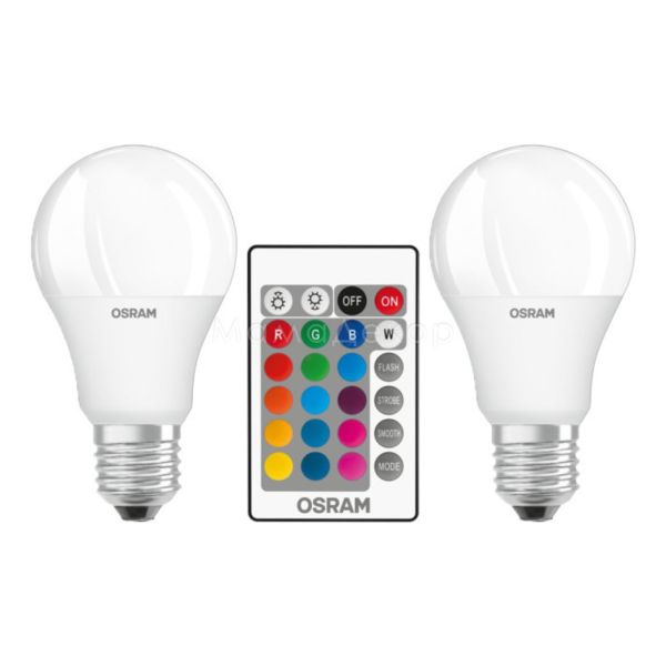 Лампа світлодіодна Osram 4058075430891 потужністю 9W з серії LED. Типорозмір — A60 з цоколем E27, температура кольору — 2700K+RGB. У наборі 2шт.
