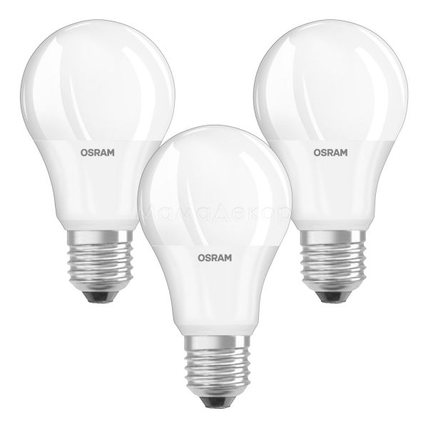 Лампа светодиодная Osram 4058075479340 мощностью 8W из серии LED Value. Типоразмер — A60 с цоколем E27, температура цвета — 4000K. В наборе 3шт.