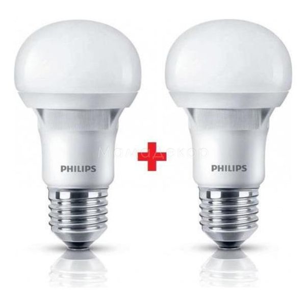 Лампа світлодіодна Philips 8717943885329 потужністю 5W з серії LEDBulb. Типорозмір — A60 з цоколем E27, температура кольору — 3000K. У наборі 2шт.