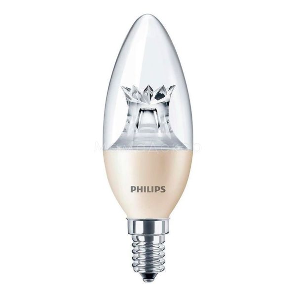 Лампа світлодіодна  сумісна з димером Philips 929001140408 потужністю 6W з серії Master LEDcandle. Типорозмір — B38 з цоколем E14, температура кольору — 2700K