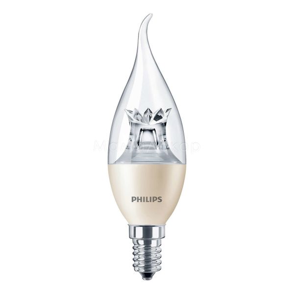 Лампа світлодіодна  сумісна з димером Philips 929001140502 потужністю 6W з серії Master LEDcandle. Типорозмір — BA38 з цоколем E14, температура кольору — 2700K
