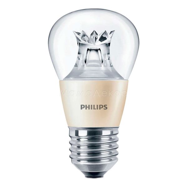 Лампа світлодіодна Philips 929001140702 потужністю 6W з серії Master LEDlustre. Типорозмір — P48 з цоколем E27, температура кольору — 2700K
