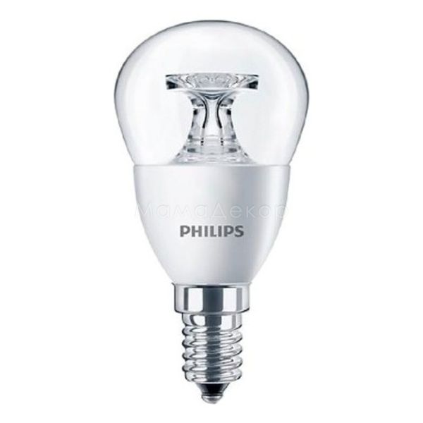 Лампа світлодіодна Philips 929001142607 потужністю 5.5W з серії LEDcandle. Типорозмір — P45 з цоколем E14, температура кольору — 2700K