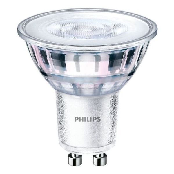 Лампа світлодіодна Philips 929001215208 потужністю 4.6W з серії Essential. Типорозмір — PAR16 з цоколем GU10, температура кольору — 2700K
