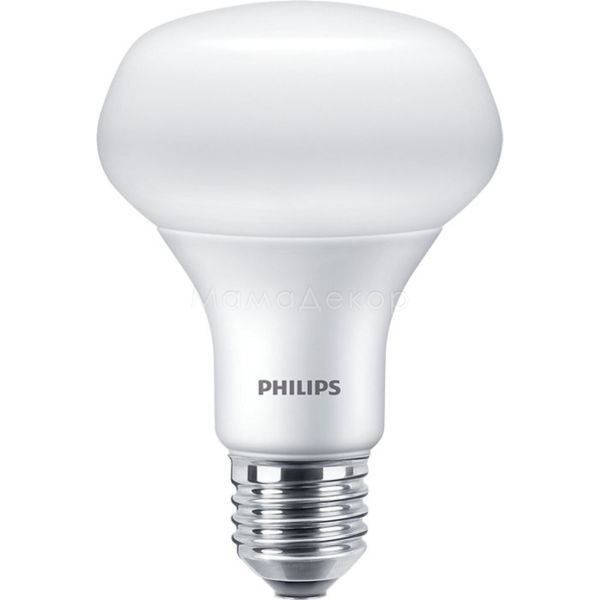 Лампа світлодіодна Philips 929001857987 потужністю 10W з серії Essential. Типорозмір — R80 з цоколем E27, температура кольору — 2700K